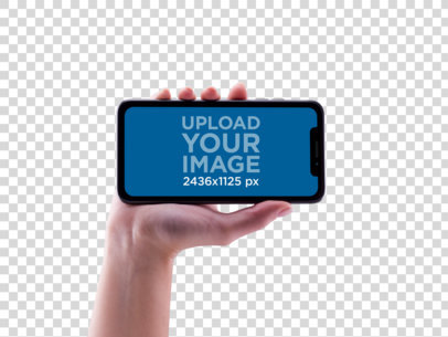 Female Hand Holding a Black iPhone 11 Pro Mockup in Landscape Position Against Transparent Backdrop