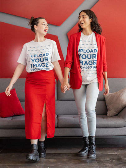 T-Shirt Mockup of Two Women Ready for Their Valentine's Day Date