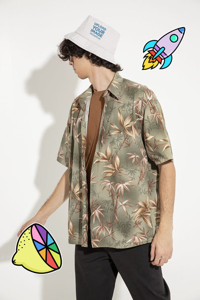 Bucket Hat Mockup Featuring a Curly-Haired Man at a Studio 