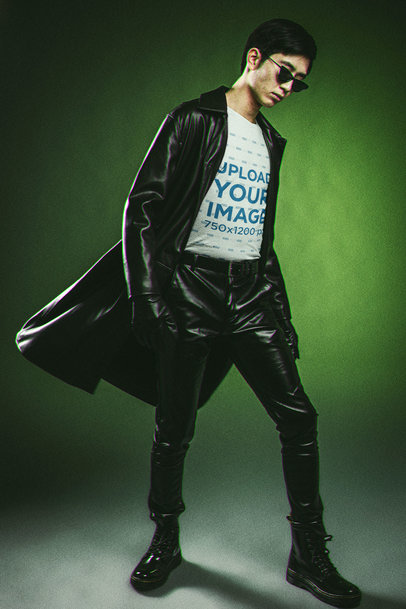  Matrix-Inspired Mockup of a Young Man Wearing a Bella Canvas Tee and Leather Garments 