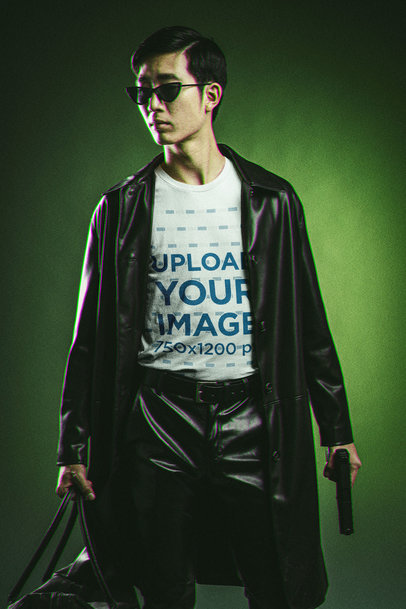 Bella Canvas Tee Mockup of a Man with a Matrix-Inspired Outfit in Leather Garments