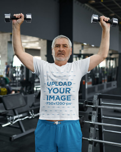 V-Neck T-Shirt of a Middle-Aged Man Lifting Weights