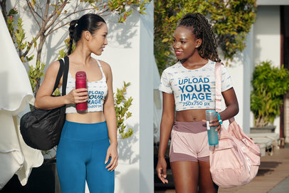 Sports Bra and Crop Top Mockup Featuring Two Fitness Women Talking M20719-r-el2