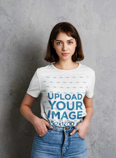 T-Shirt Mockup of a Woman Posing with Her Hands on Her Pockets