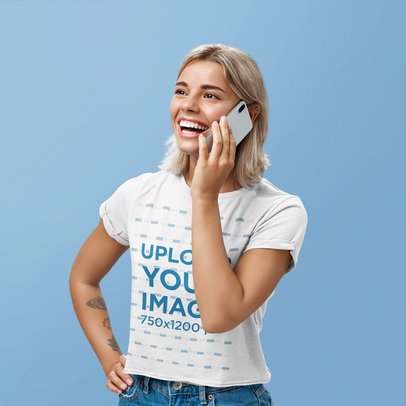 Heathered T-Shirt Mockup Featuring a Woman Talking Happily on the Phone