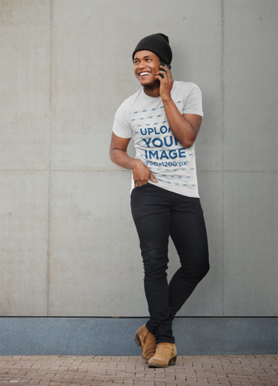 Heather T-Shirt Mockup Featuring a Smiling Man Talking on the Phone