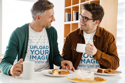 Heathered T-Shirt Mockup of a Man Having Breakfast With His Son