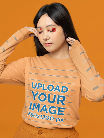 Long Sleeve Tee Mockup of a Woman Wearing Artsy Makeup M21339