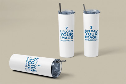 Mockup Featuring Three Skinny Tumblers Placed Over a Colorful Surface