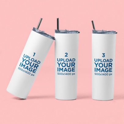 Mockup of Three Skinny Tumblers in a Pink-Colored Set m21476
