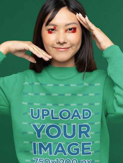 Sweatshirt Mockup Featuring a Woman with a Colorful Eye Makeup