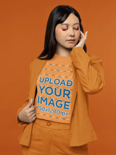 Bella Canvas Tee Mockup Featuring a Woman With a Trendy Makeup and Her Eyes Closed