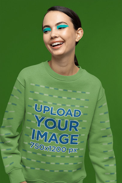 Mockup of a Happy Woman Wearing a Sweatshirt with Euphoria-Inspired Makeup