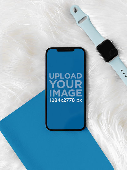 iPhone 12 Pro Max Mockup Featuring a Smartwatch and a Soft Texture m21958