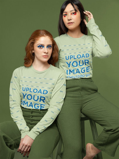 Long Sleeve Tee Mockup of Two Women Wearing Euphoria-Inspired Makeup