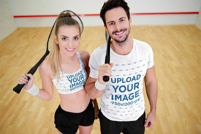 Sports Bra and T-Shirt Mockup of a Couple of Squash Players m14102 r-el2