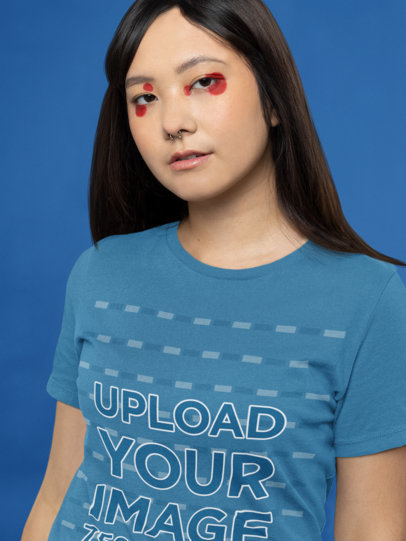 Closeup Bella Canvas T-Shirt Mockup of a Woman with Graphic Eyeliner