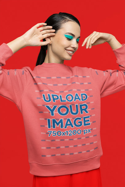 Mockup of a Happy Woman Wearing a Sweatshirt With Customizable Sleeves