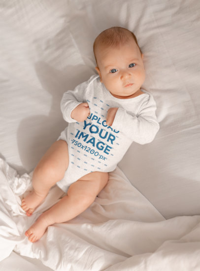Long Sleeve Heathered Onesie Mockup Featuring an Adorable Baby Boy