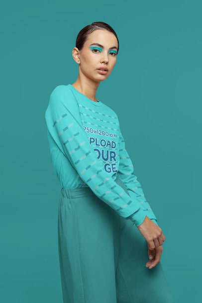 Long Sleeve Tee Mockup of a Fashionable Woman Wearing Euphoria-Inspired Makeup