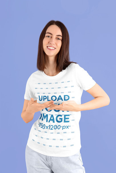 Mockup of a Woman Showing Her Round-Neck T-Shirt at a Studio