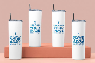Mockup of Various Skinny Tumblers Standing Over a Colorful Background m21489