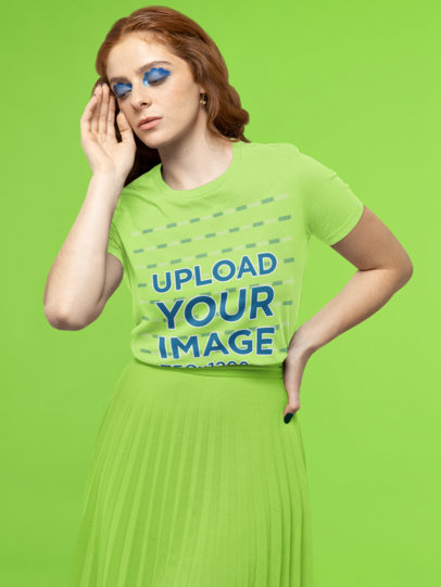 T-Shirt Mockup of a Young Woman Wearing Blue-Colored Makeup