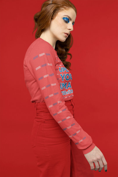 Mockup of a Young Woman With a Bella Canvas Long Sleeve Tee and Euphoria-Inspired Makeup