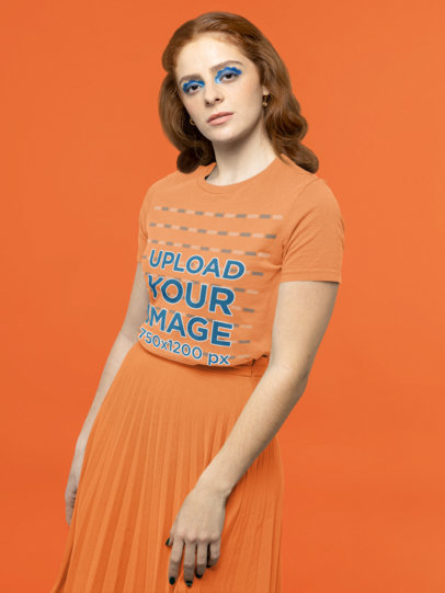 T-Shirt Mockup of a Woman Wearing Bold Makeup in a Monochromatic Set M21359