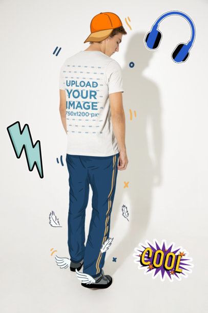 T-Shirt Mockup of the Back of a Man Wearing Illustrated Garments and Featuring Stickers M15163