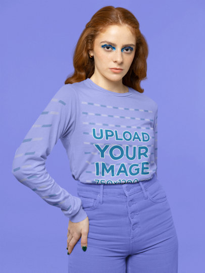 Mockup of a Woman With Euphoria-Inspired Eye Makeup Wearing a Bella Canvas Long Sleeve Tee 