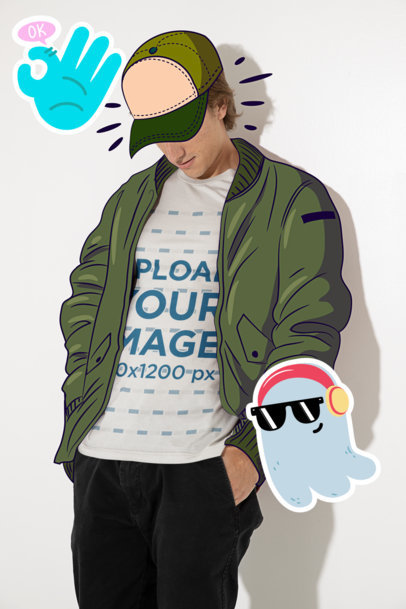 Bella Canvas T-Shirt Mockup of a Young Man With Illustrated Garments Looking Down
