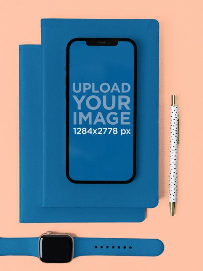 iPhone 12 Pro Max Mockup Featuring a Smart Watch and Colorful Planners m21871