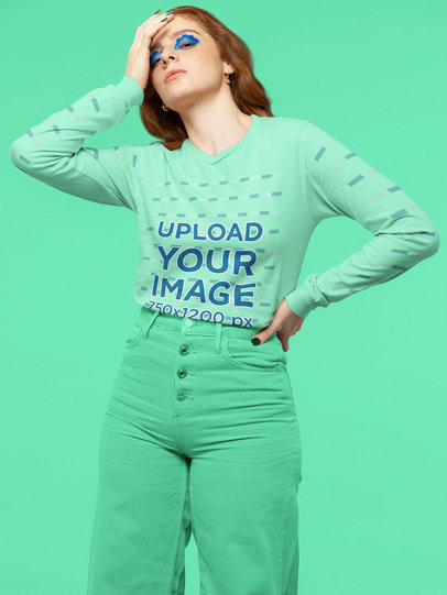 Mockup of a Trendy Woman Wearing a Long Sleeve Tee and Euphoria-Inspired Makeup
