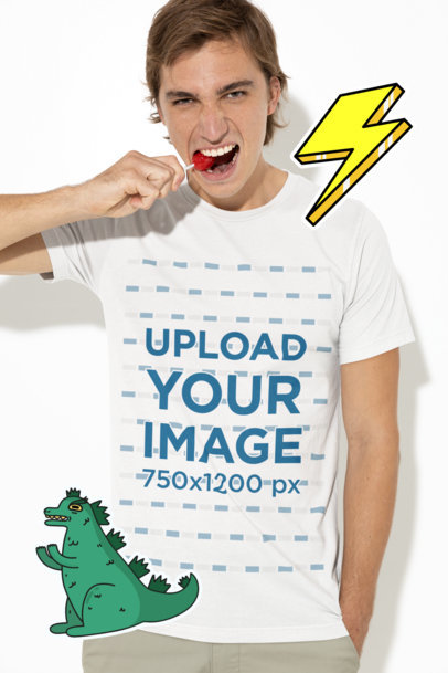 T-Shirt Mockup of a Young Man Biting a Lollipop M15179