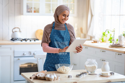 Apron Mockup of a Woman with a Hijab Cooking in Her Kitchen