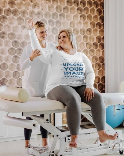 Plus Size Long Sleeve Tee Mockup Featuring a Woman Doing Physical Therapy m21409-r-el2