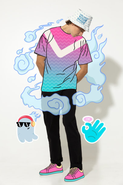 Bucket Hat Mockup Featuring a Young Man Surrounded by Illustrated Clouds and Stickers