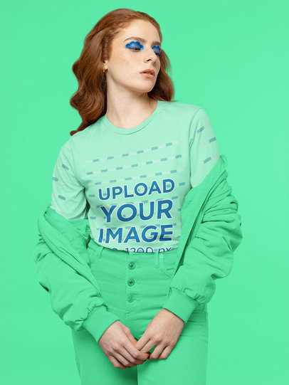 Mockup of a Woman With Trendy Eye-Makeup Wearing a Bella Canvas Long Sleeve Tee