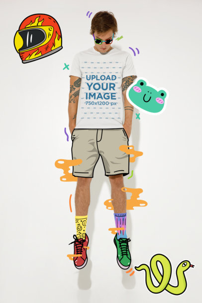 T-Shirt Mockup of a Man Suspended in The Air and Surrounded by Illustrations M15181