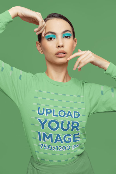 Bella Canvas Long Sleeve Tee Mockup of a Young Woman With Euphoria-Inspired Makeup