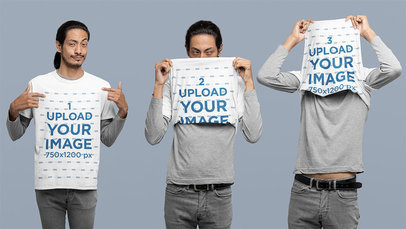 Flip T-Shirt Mockup of a Man Making Three Different Facial Expressions