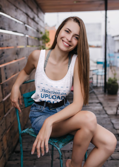 Heathered Tank-Top of a Cheerful Woman Sitting on an Old Chair