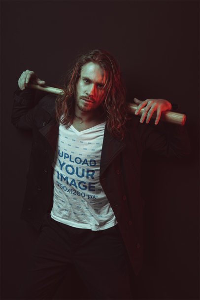 V-Neck T-Shirt Design Maker Featuring a Man Holding a Baseball Bat