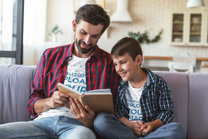 T-Shirt Mockup of a Dad Reading a Book with His Child