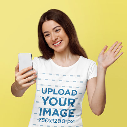 T-Shirt Mockup Featuring a Happy Woman Talking over a Video Call m16324-r-el2