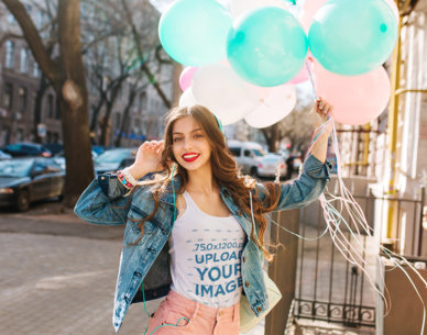 Tank Top Mockup Featuring a Happy Woman Holding Balloons