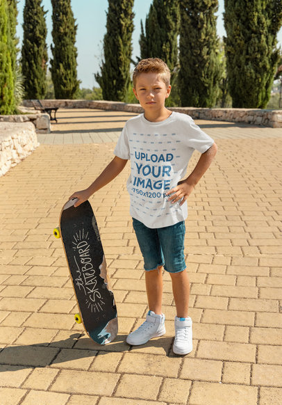 Heathered T-Shirt Mockup Featuring a Serious Boy With a Skateboard