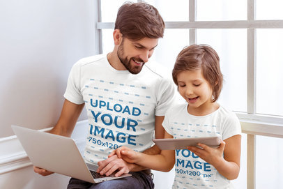 T-Shirt Mockup of a Father and His Son Having a Good Time While Using Their Devices