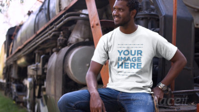 Smiling Man Sitting Next to a Train Wearing a T-Shirt Video Mockup
